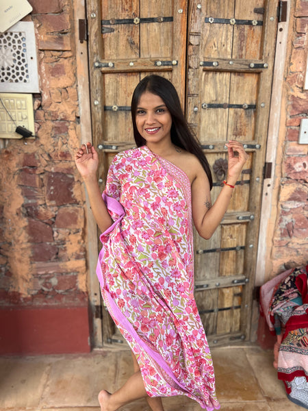 Sarong   , Pareo  , cotton shawl and beach Deluxe Block print collection,fluro flower garden -  AUROBELLE  IBIZA