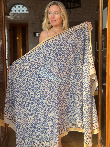 Sarong  Pareo  collection big size with golden zari border No 6A Blue Flower -  AUROBELLE  IBIZA