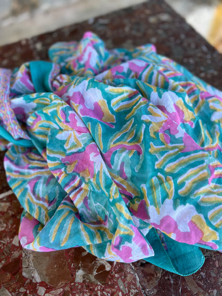 Sarong   , Pareo  , cotton shawl and beach Deluxe Block print collection, formentera turquoises🪷 -  AUROBELLE  IBIZA