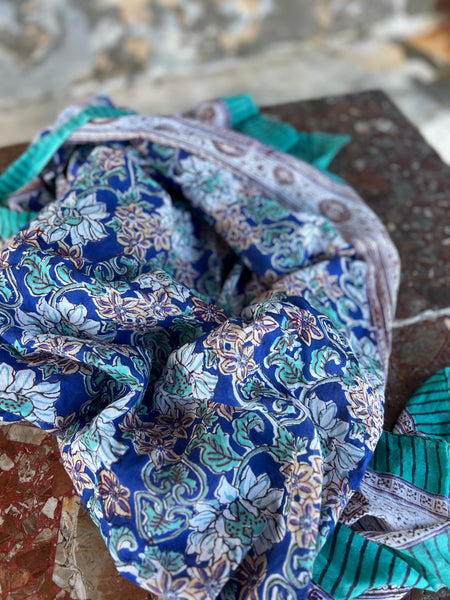 Sarong   , Pareo  , cotton shawl and beach Deluxe Block print collection, blue turquoises flower  🪷 -  AUROBELLE  IBIZA