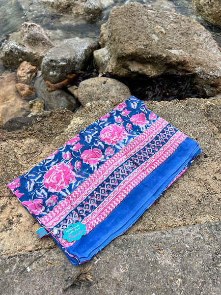 Sarong   , Pareo  , cotton shawl and beach Deluxe Block print collection, blue 🌸 pink flower -  AUROBELLE  IBIZA