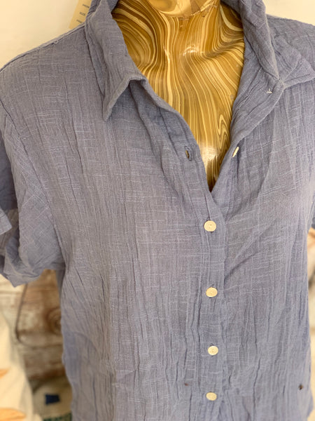 Linen woman  short shirt blouse button ocean blue