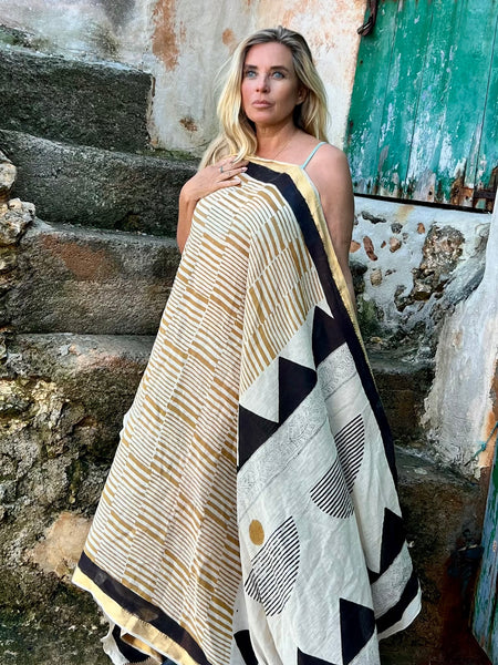 Big size Sarong ,Hand Block Printed Extra Large Sarong | Organic Cotton Muslin | Natural Bagru Print with Golden Modern Art  🌺 -  AUROBELLE  IBIZA
