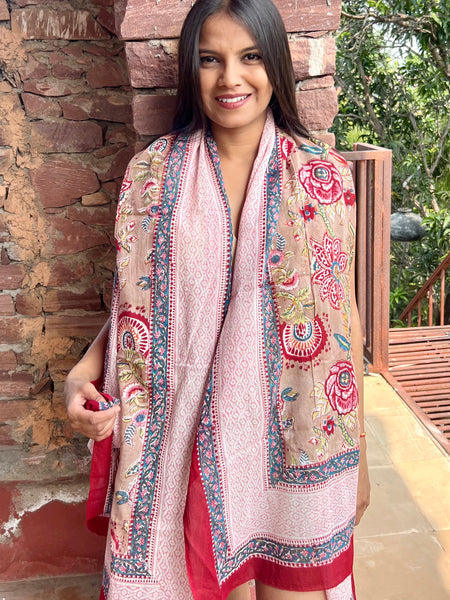 Sarong   , Pareo  , cotton shawl and beach Deluxe Block print collection,Sandy flower garden🌸 -  AUROBELLE  IBIZA