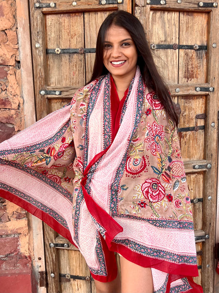 Sarong   , Pareo  , cotton shawl and beach Deluxe Block print collection,Sandy flower garden🌸 -  AUROBELLE  IBIZA
