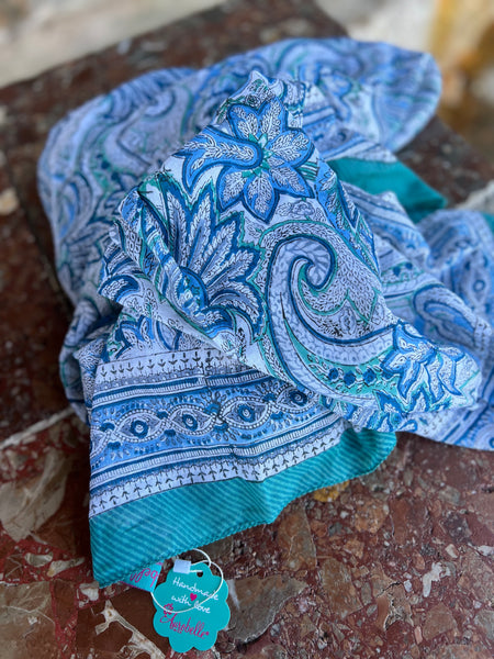 Sarong   , Pareo  , cotton shawl and beach Deluxe Block print collection, paisley blue  🪷 -  AUROBELLE  IBIZA