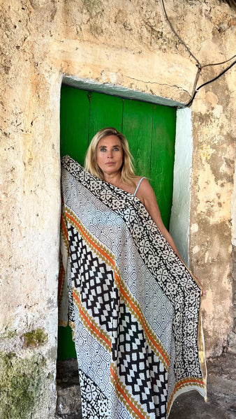 Big size Sarong ,Hand Block Printed Extra Large Sarong | Organic Cotton Muslin | Natural Bagru Print with Golden Sari yellows geometric -  AUROBELLE  IBIZA