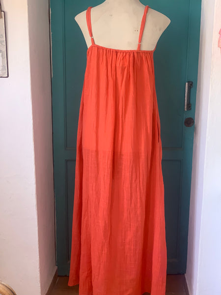 Basic dress plain linen ,  long  dress red