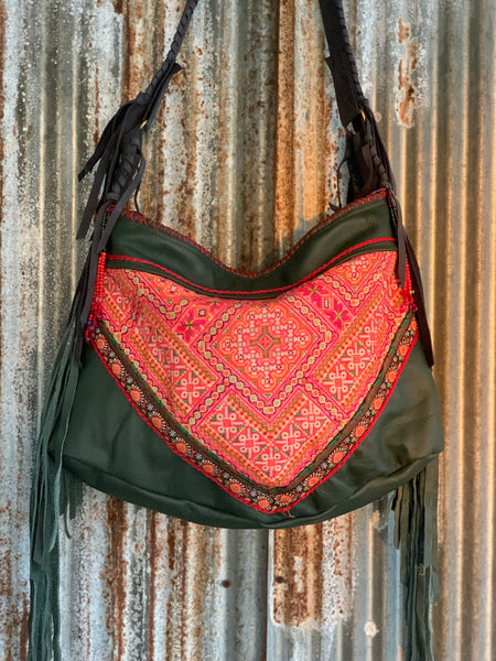 Chiang mai Bag with antique tribal embroidery and leather patchwork