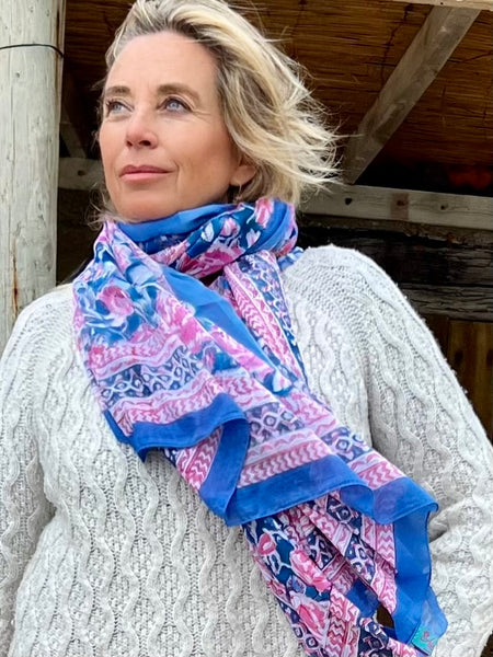 Sarong   , Pareo  , cotton shawl and beach Deluxe Block print collection, blue 🌸 pink flower -  AUROBELLE  IBIZA