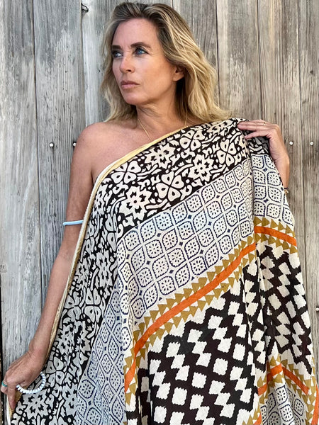 Big size Sarong ,Hand Block Printed Extra Large Sarong | Organic Cotton Muslin | Natural Bagru Print with Golden Sari yellows geometric -  AUROBELLE  IBIZA