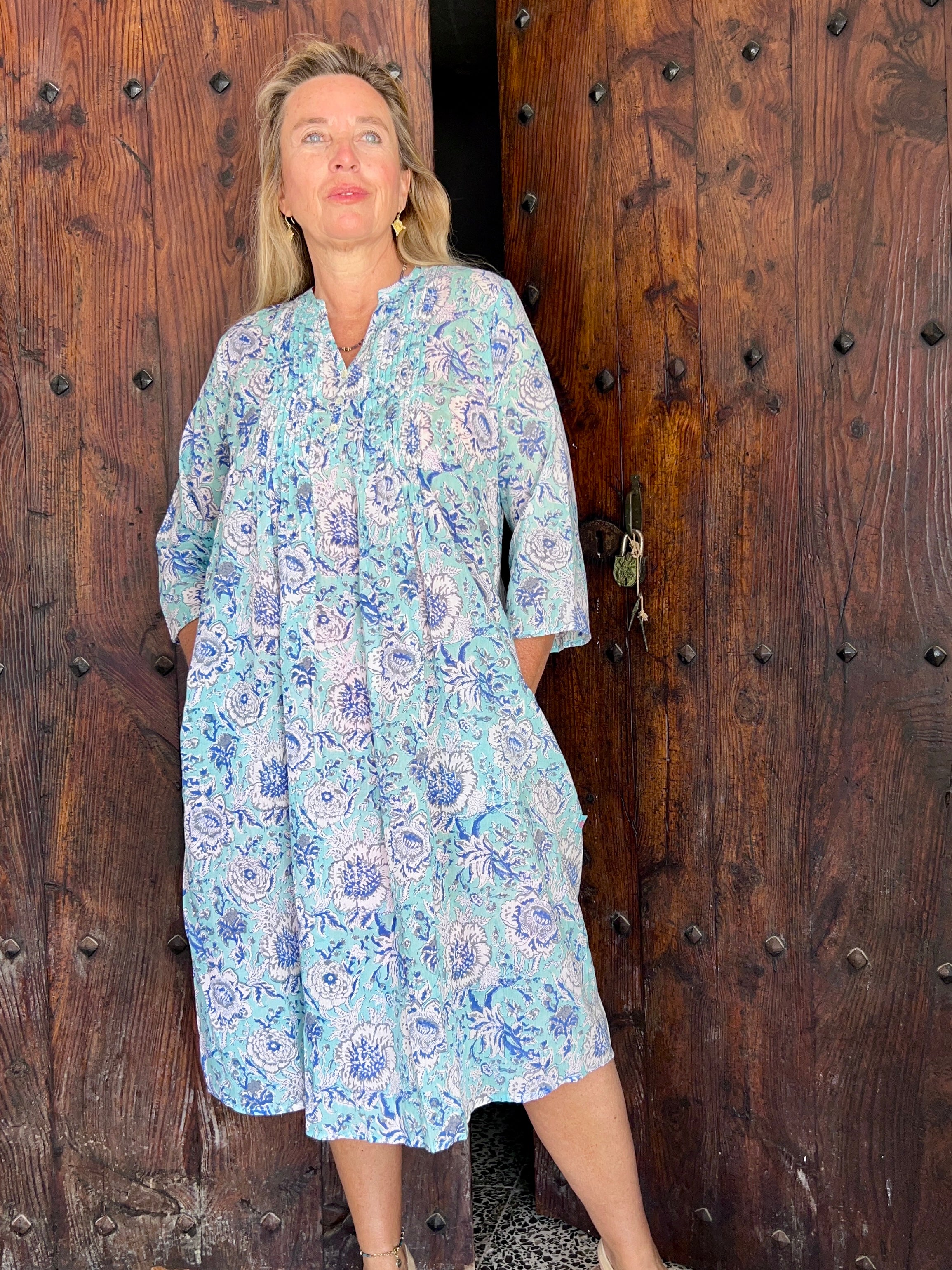Zazi – Formentera Blue Block-Print Dress – AUROBELLE IBIZA