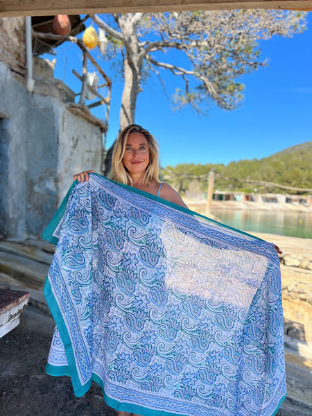 Sarong   , Pareo  , cotton shawl and beach Deluxe Block print collection, paisley blue  🪷 -  AUROBELLE  IBIZA