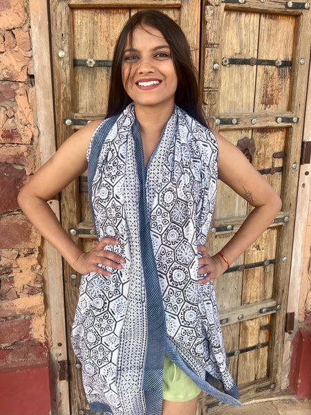 Sarong   , Pareo  , cotton shawl and beach Deluxe Block print collection,elegant grey 🌸 -  AUROBELLE  IBIZA