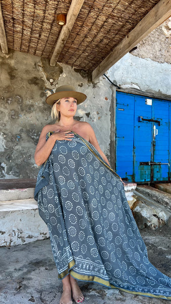 Big size Sarong ,Hand Block Printed Extra Large Sarong | Organic Cotton Muslin | Natural Bagru Print with Golden Grey cool   🌺