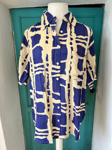 Uni sex shirt for Men or woman half sleeve in blue cobalt block print -  AUROBELLE  IBIZA