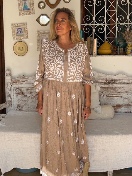 💗 Rani Dress – beige with Hand Embroidery -  AUROBELLE  IBIZA