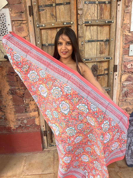 Sarong   , Pareo  , cotton shawl and beach Deluxe Block print collection,apricot calendula 🌸 -  AUROBELLE  IBIZA