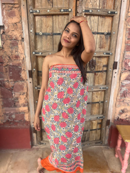Sarong   , Pareo  , cotton shawl and beach wrap block print deluxe collection, orange calendula 🌹 -  AUROBELLE  IBIZA