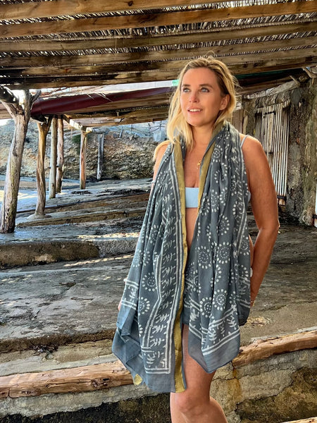 Big size Sarong ,Hand Block Printed Extra Large Sarong | Organic Cotton Muslin | Natural Bagru Print with Golden Grey cool   🌺 -  AUROBELLE  IBIZA