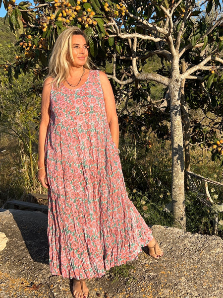 Tulsi dress pinky Hand block printed -  AUROBELLE  IBIZA