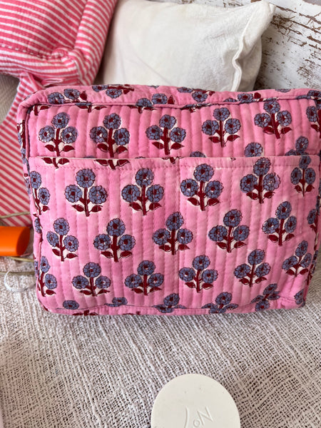 Aurobelle Hand Blockprint Cosmetic Bag – Large Travel Beauty Organizer4 pockets flower pink -  AUROBELLE  IBIZA