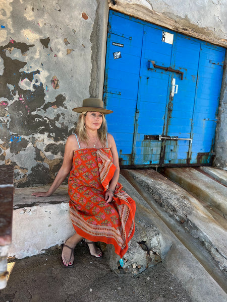 Sarong   , Pareo  , cotton shawl and beach Deluxe Block print collection, orange pink 🪷 -  AUROBELLE  IBIZA