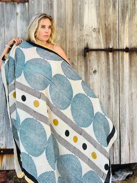 Big size Sarong ,Hand Block Printed Extra Large Sarong | Organic Cotton Muslin | Natural Bagru Print with Golden Sari Blue big circle -  AUROBELLE  IBIZA