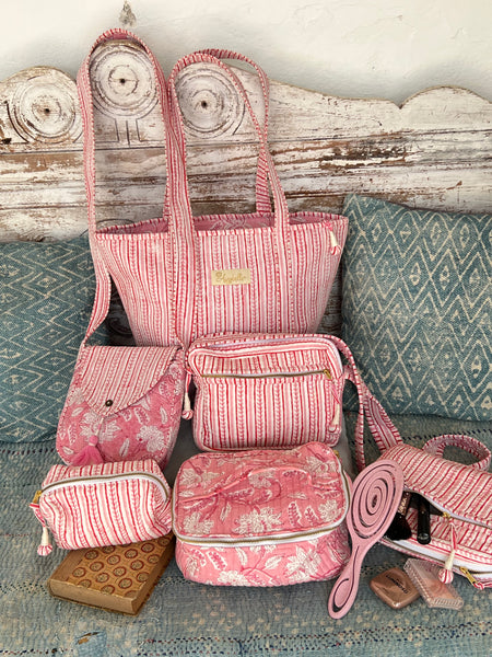 Brigitte Tote bag Large Quilted Cotton Tote Bag | Pink Block Print Shoulder Bag | Boho Beach Bag | Handmade Travel Bag