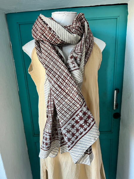 Sarong   , Pareo  , cotton shawl and beach Deluxe Block print collection, ethic brown black geo -  AUROBELLE  IBIZA