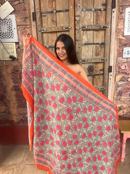 Sarong   , Pareo  , cotton shawl and beach wrap block print deluxe collection, orange calendula 🌹 -  AUROBELLE  IBIZA