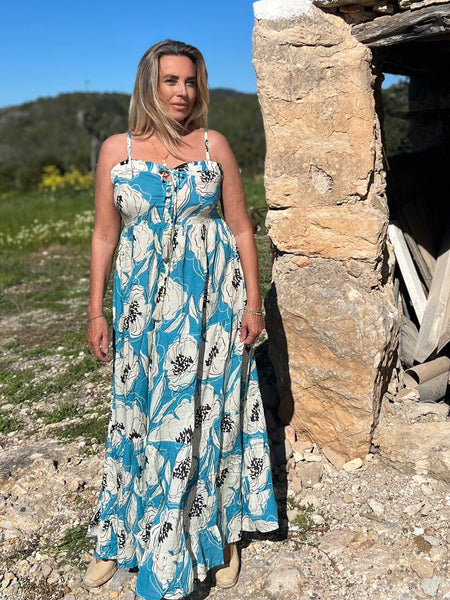 Annie Dress turquoise flower -  AUROBELLE  IBIZA