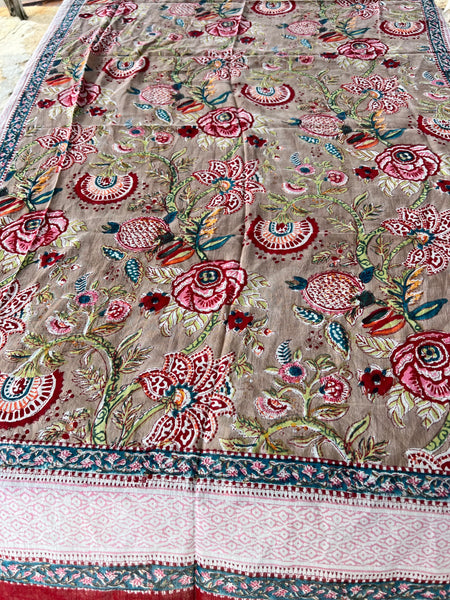 Sarong   , Pareo  , cotton shawl and beach Deluxe Block print collection, beige red flower print -  AUROBELLE  IBIZA