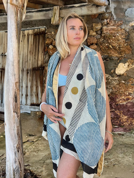 Big size Sarong ,Hand Block Printed Extra Large Sarong | Organic Cotton Muslin | Natural Bagru Print with Golden Sari Blue big circle -  AUROBELLE  IBIZA