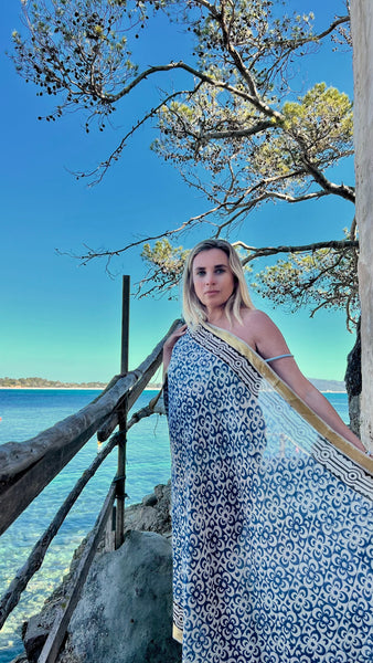 Big size Sarong ,Hand Block Printed Extra Large Sarong | Organic Cotton Muslin | Natural Bagru Print with Golden Blue flower -  AUROBELLE  IBIZA