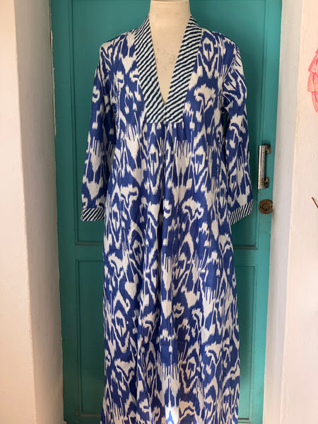 Ikat indigo blue    and white , boho beautiful long Tunica