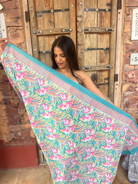 Sarong   , Pareo  , cotton shawl and beach Deluxe Block print collection,emerald  beach 🌸 -  AUROBELLE  IBIZA