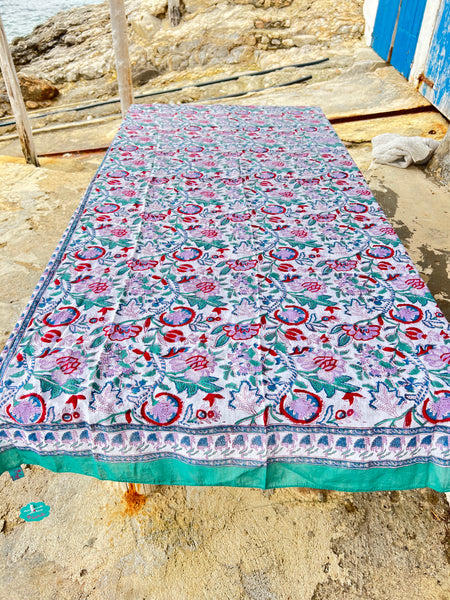 Sarong   , Pareo  , cotton shawl and beach Deluxe Block print collection emerald red flower print -  AUROBELLE  IBIZA