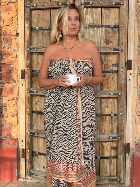 Hand Block Printed Extra Large Sarong | Organic Cotton Muslin | Natural Bagru Print with Golden Sari Black flower -  AUROBELLE  IBIZA