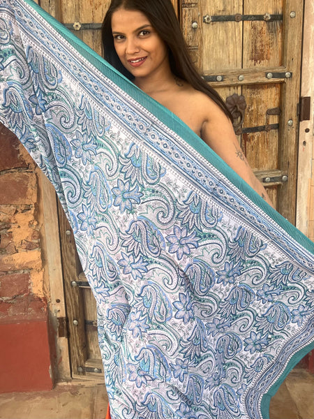 Sarong   , Pareo  , cotton shawl and beach Deluxe Block print collection,green and blue love -  AUROBELLE  IBIZA