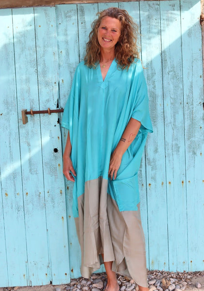 Exclusive luxury Silk kaftan Beige and turquoise