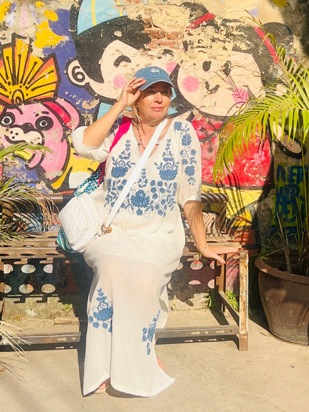 Salu dress with hand embroidery blue and white