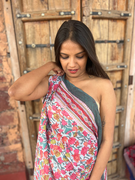 Sarong   , Pareo  , cotton shawl and beach Deluxe Block print collection,pink flower garden   🌹 -  AUROBELLE  IBIZA