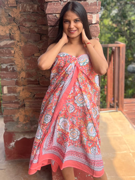 Sarong   , Pareo  , cotton shawl and beach Deluxe Block print collection, apricot calendula 🌹 -  AUROBELLE  IBIZA