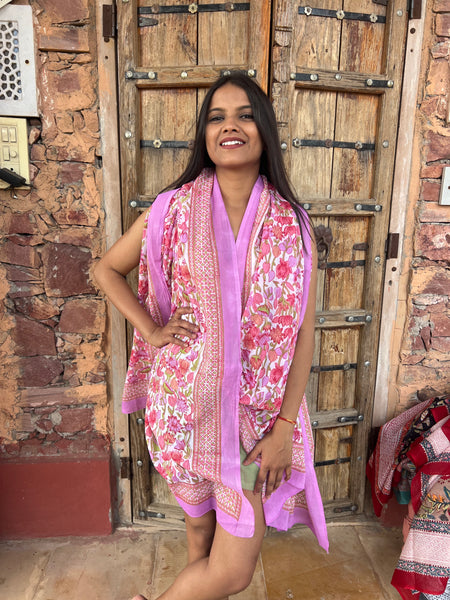 Sarong   , Pareo  , cotton shawl and beach Deluxe Block print collection,fluro flower garden -  AUROBELLE  IBIZA
