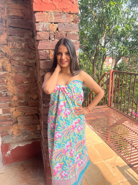 Sarong   , Pareo  , cotton shawl and beach Deluxe Block print collection,emerald  beach 🌸 -  AUROBELLE  IBIZA