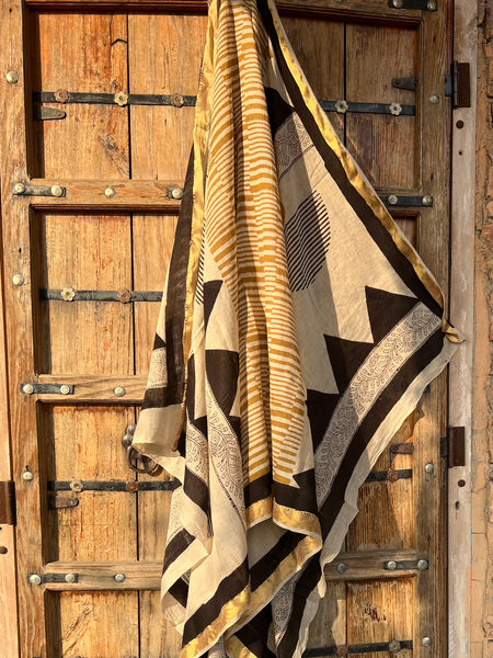Sarong  Pareo  collection big size with golden zari border No 10 Yellow Art -  AUROBELLE  IBIZA
