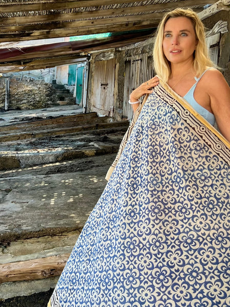 Big size Sarong ,Hand Block Printed Extra Large Sarong | Organic Cotton Muslin | Natural Bagru Print with Golden Blue flower -  AUROBELLE  IBIZA
