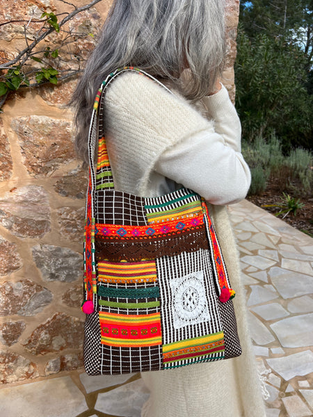 One-of-a-Kind Ibiza Patchwork Bag- brown tribal boho -  AUROBELLE  IBIZA