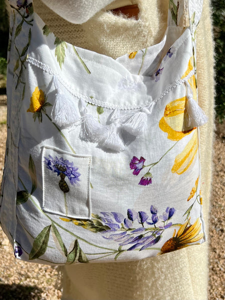 One-of-a-Kind Ibiza Patchwork Bag- white flower spring -  AUROBELLE  IBIZA